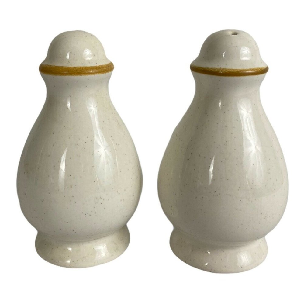Salt and Pepper Shakers Japan White Speckled with Gold Trim 4.5" Tall
